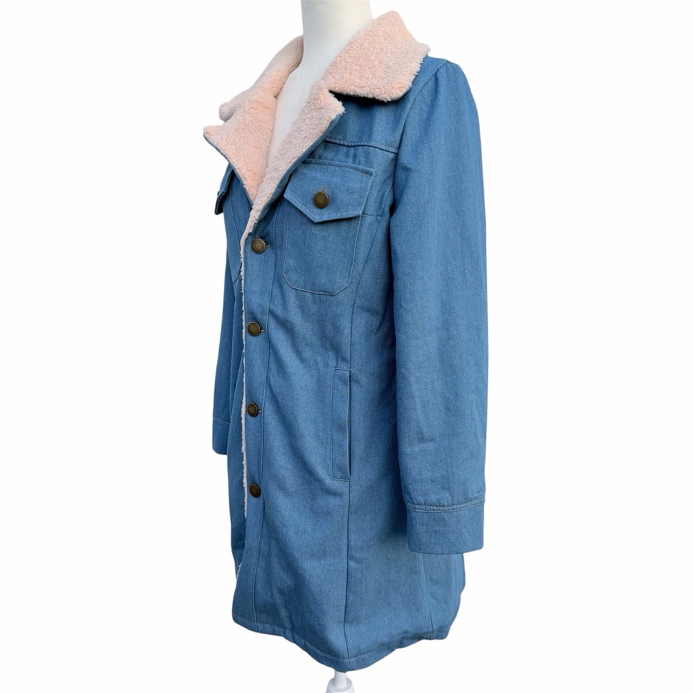 Denim Blue Western Cowgirl Boho-Chic Sherpa-Lined Longline Jacket Women’s Medium - Picture 4 of 7